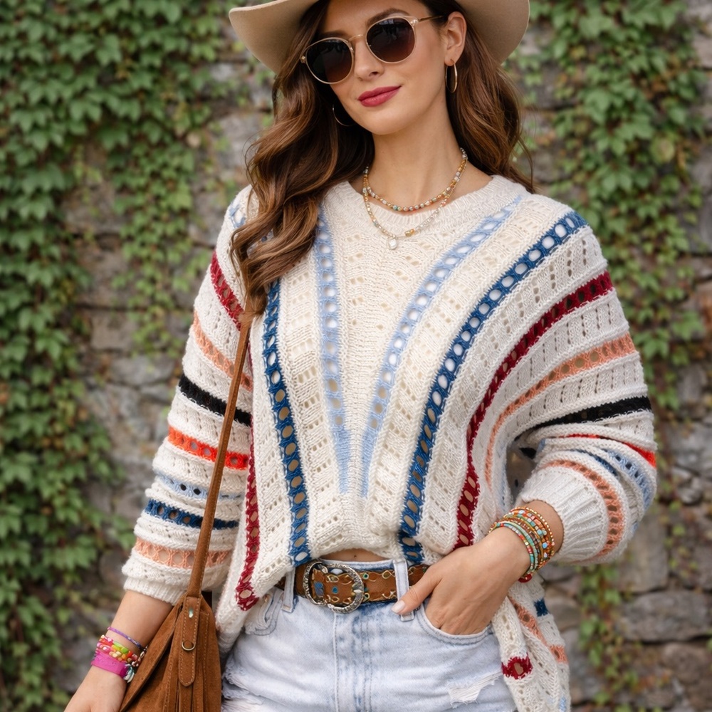 BLACK TAPE Cream Striped Open Knit Dolman Sleeve Sweater, M